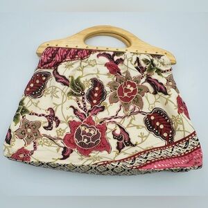 Vintage Million Wishes Embellished Fabric Wood Handle Purse Bag Cream Pink &Gold